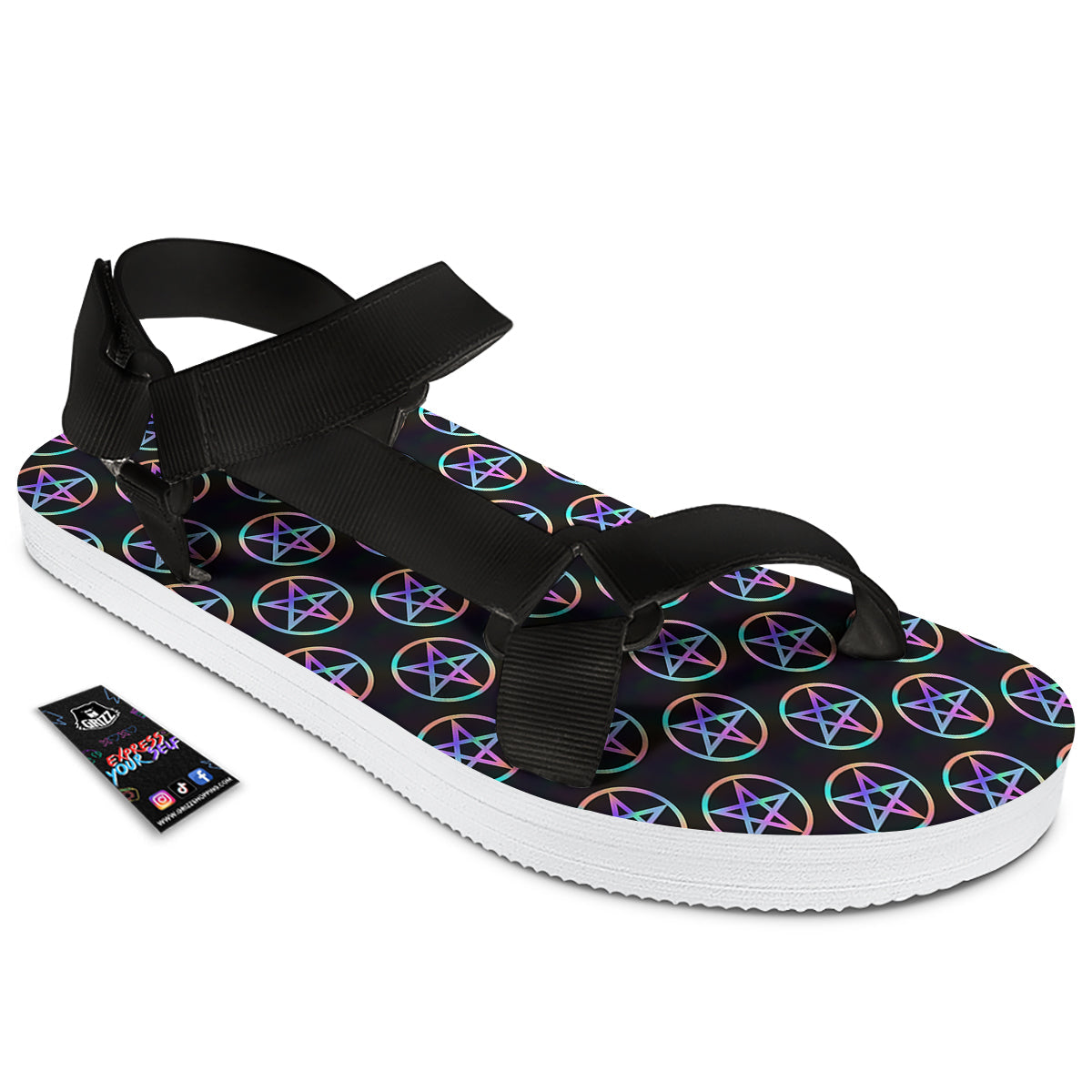 Pentagram Holographic Print Pattern Black Open Toe Sandals-grizzshop