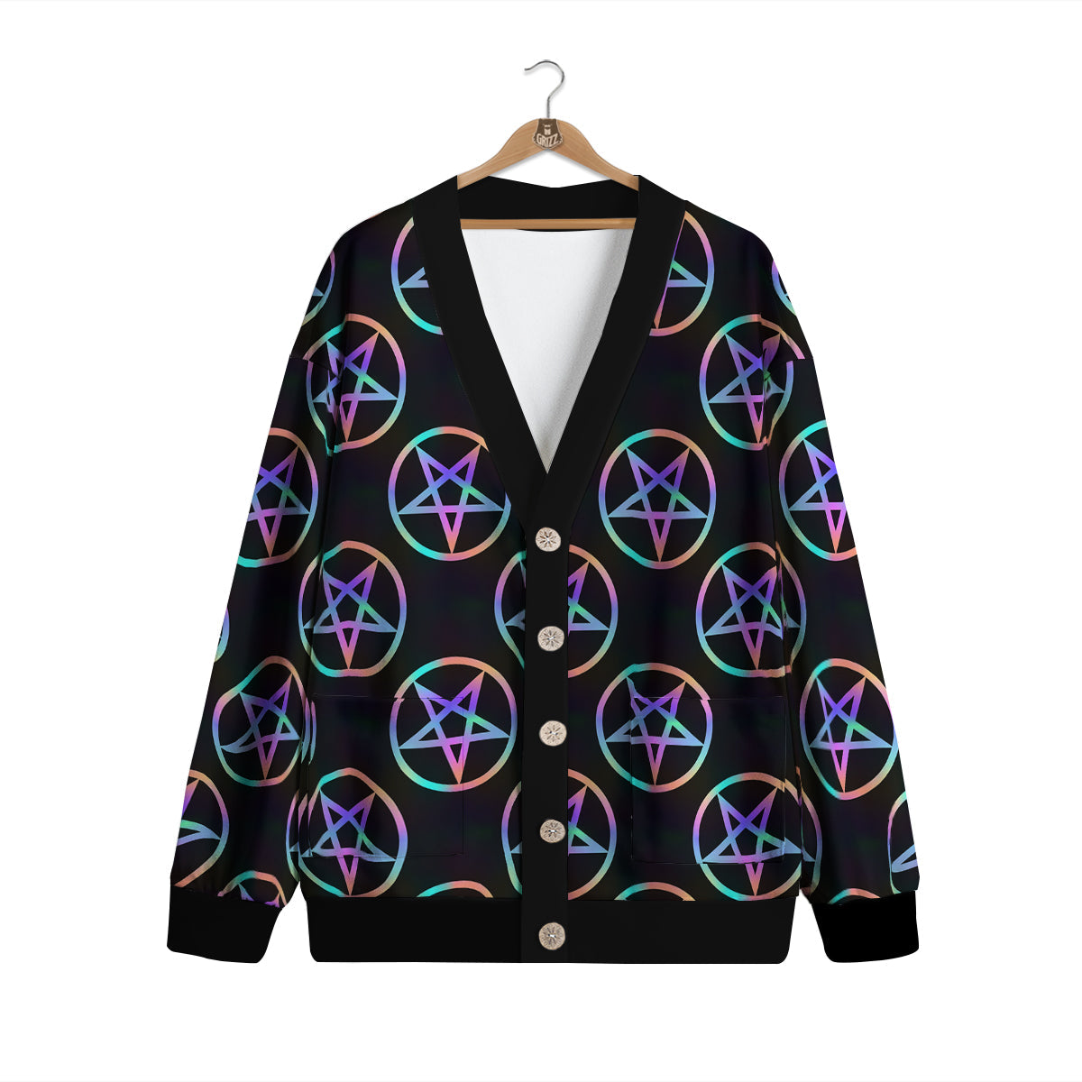 Pentagram Holographic Print Pattern Cardigan-grizzshop