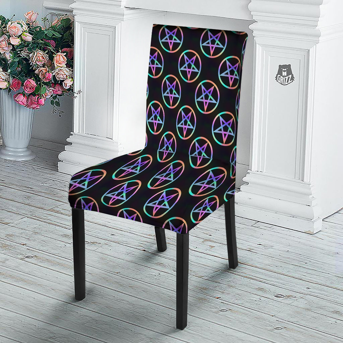 Pentagram Holographic Print Pattern Dining Chair Slipcover-grizzshop