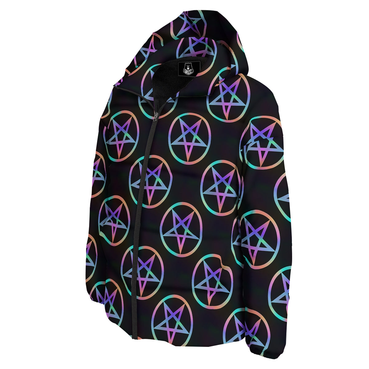 Pentagram Holographic Print Pattern Down Jacket-grizzshop