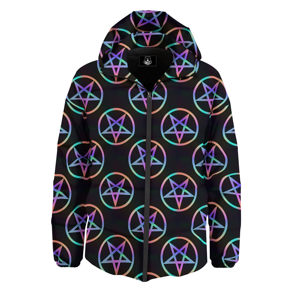 Pentagram Holographic Print Pattern Down Jacket-grizzshop