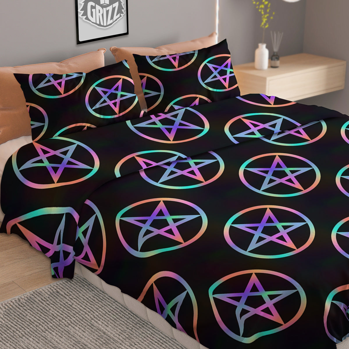 Pentagram Holographic Print Pattern Duvet Cover Bedding Set