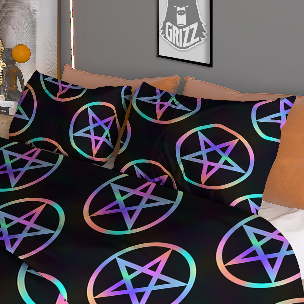 Pentagram Holographic Print Pattern Duvet Cover Bedding Set