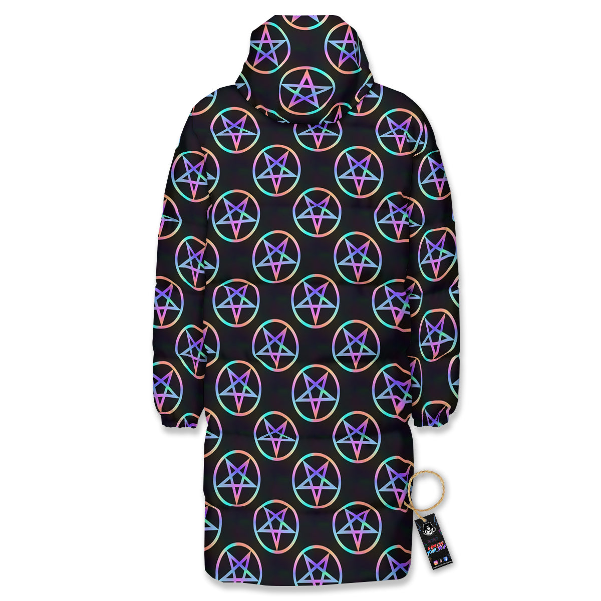 Pentagram Holographic Print Pattern Long Down Jacket-grizzshop
