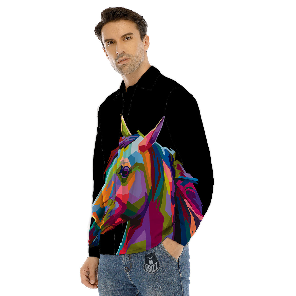 Pentagram Holographic Print Pattern Men's Dress Shirts-grizzshop
