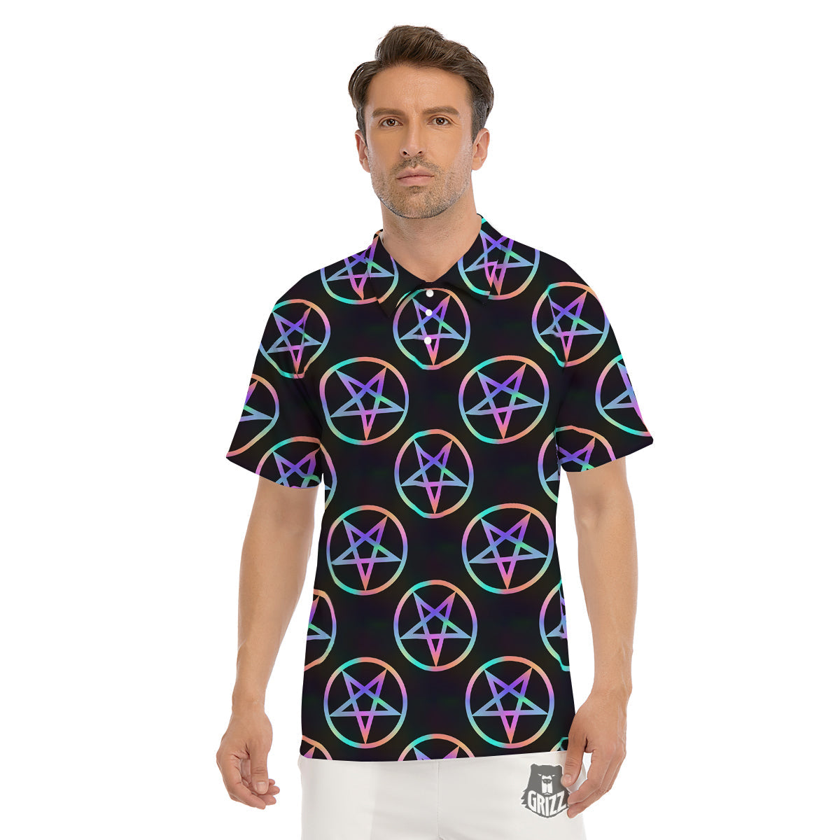 Pentagram Holographic Print Pattern Men's Golf Shirts-grizzshop