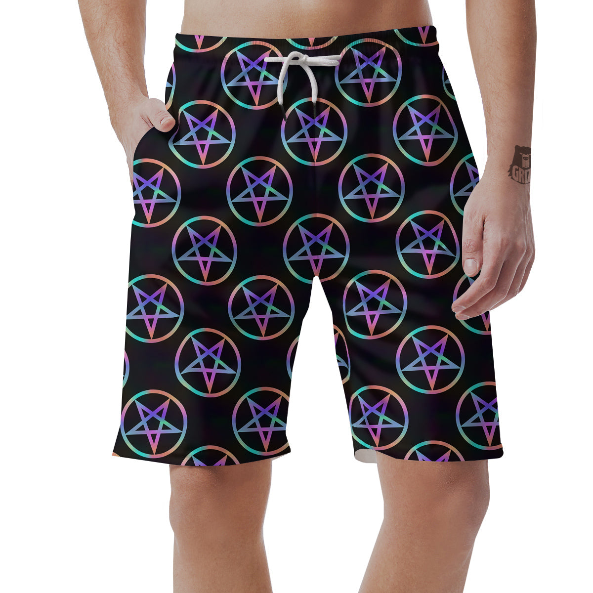 Pentagram Holographic Print Pattern Men's Shorts-grizzshop