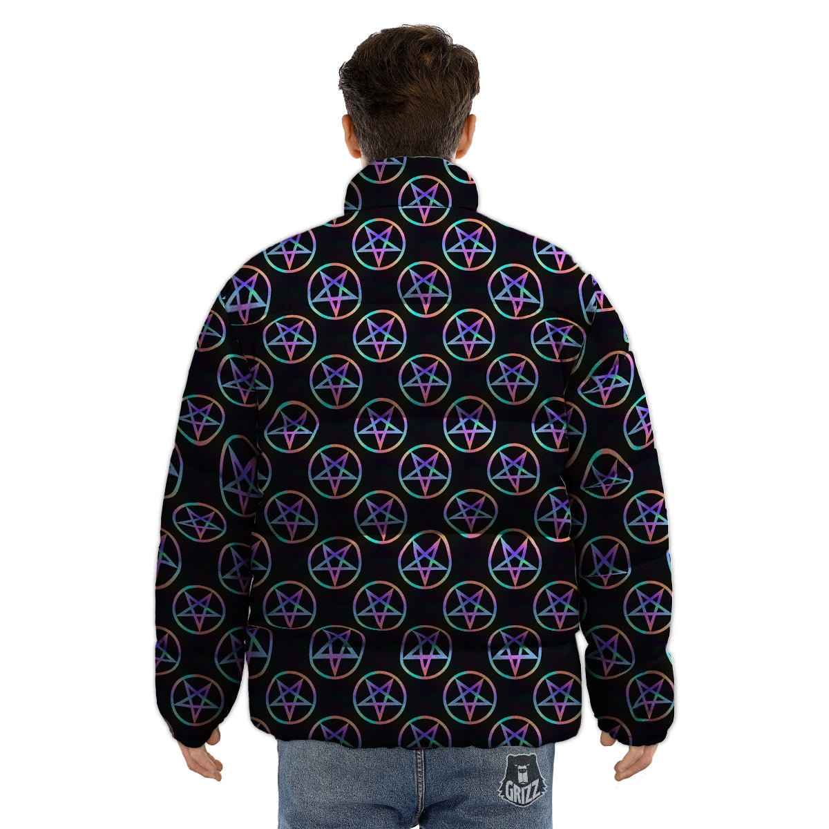 Pentagram Holographic Print Pattern Puffer Jacket-grizzshop