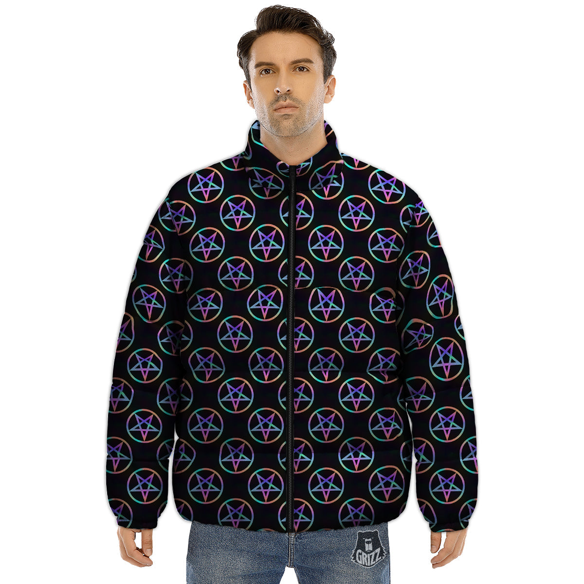 Pentagram Holographic Print Pattern Puffer Jacket-grizzshop