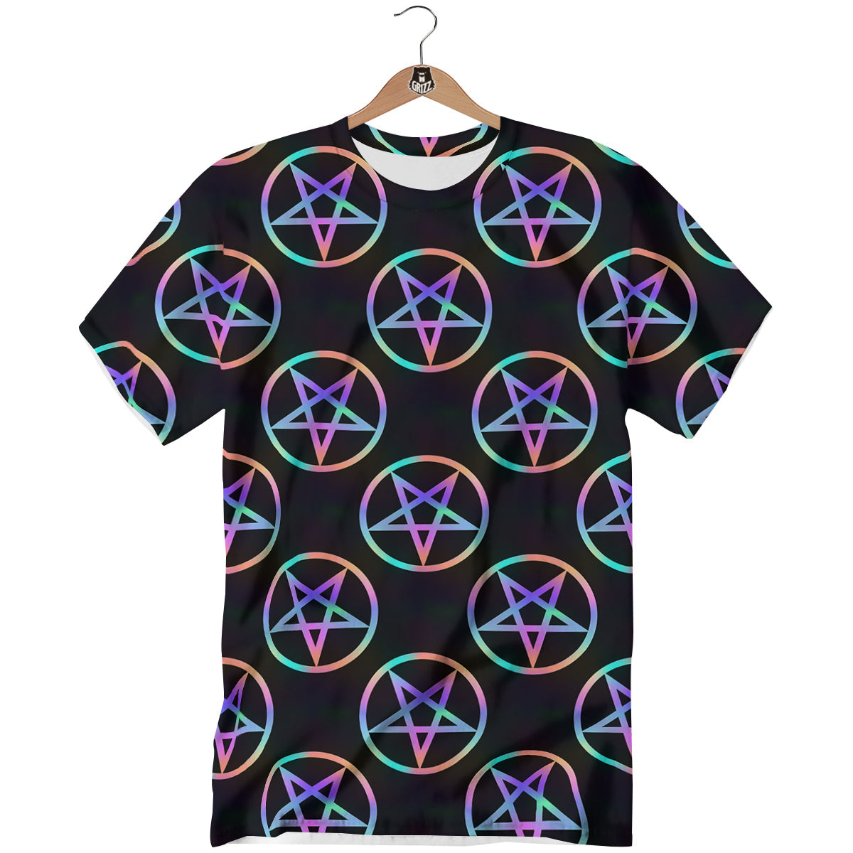 Pentagram Holographic Print Pattern T-Shirt-grizzshop