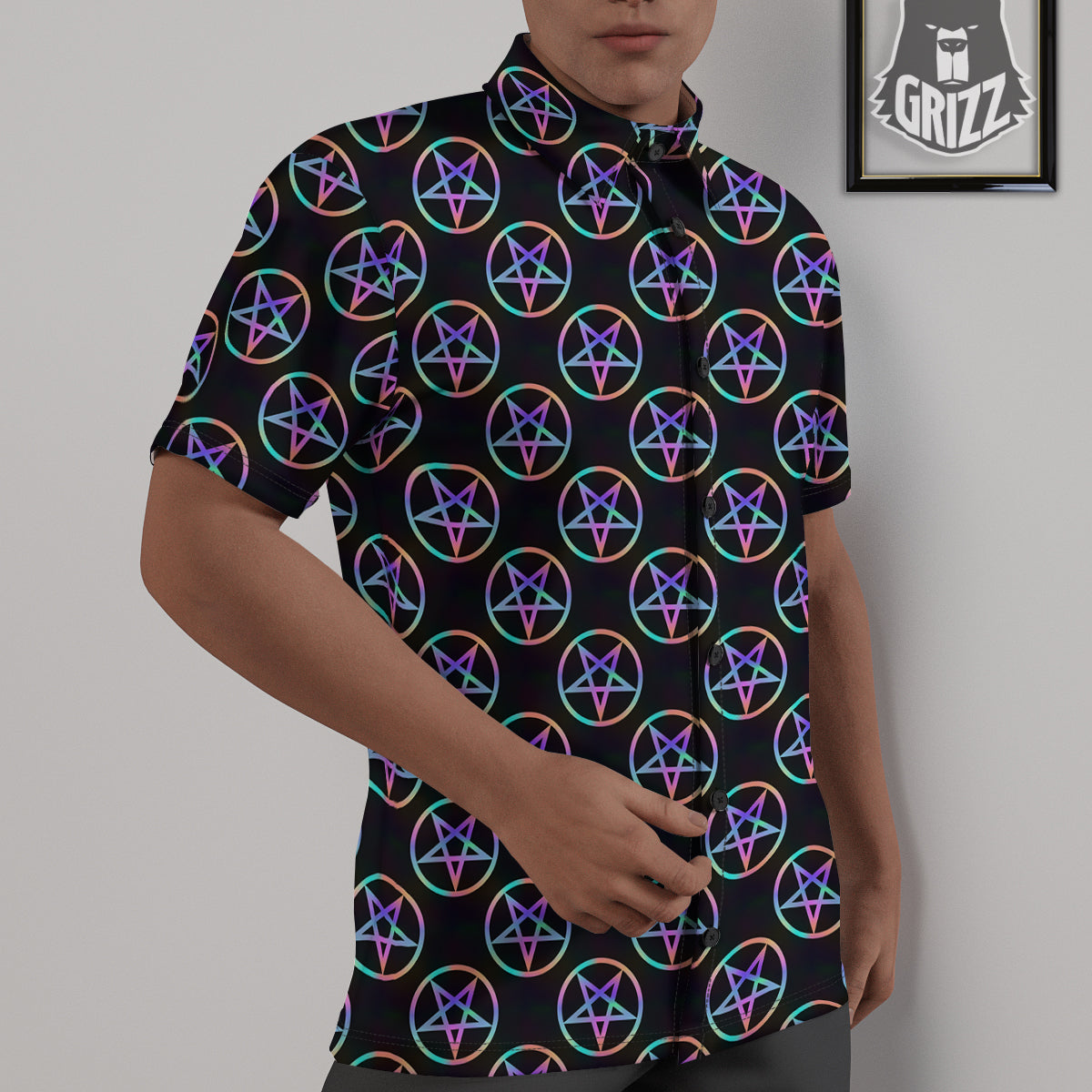 Pentagram Holographic Print Pattern Untucked Shirts-grizzshop
