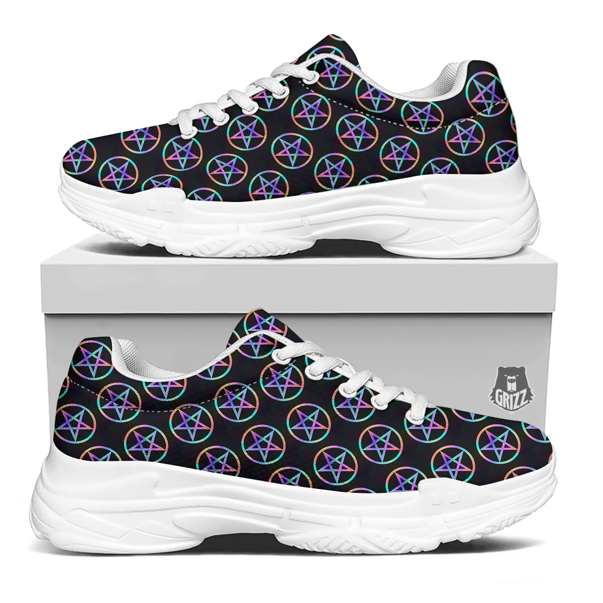 Pentagram Holographic Print Pattern White Chunky Shoes-grizzshop