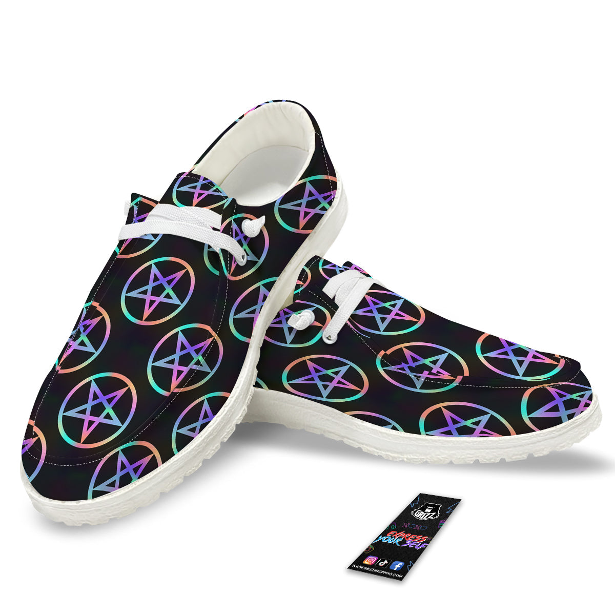 Pentagram Holographic Print Pattern White Loafers-grizzshop