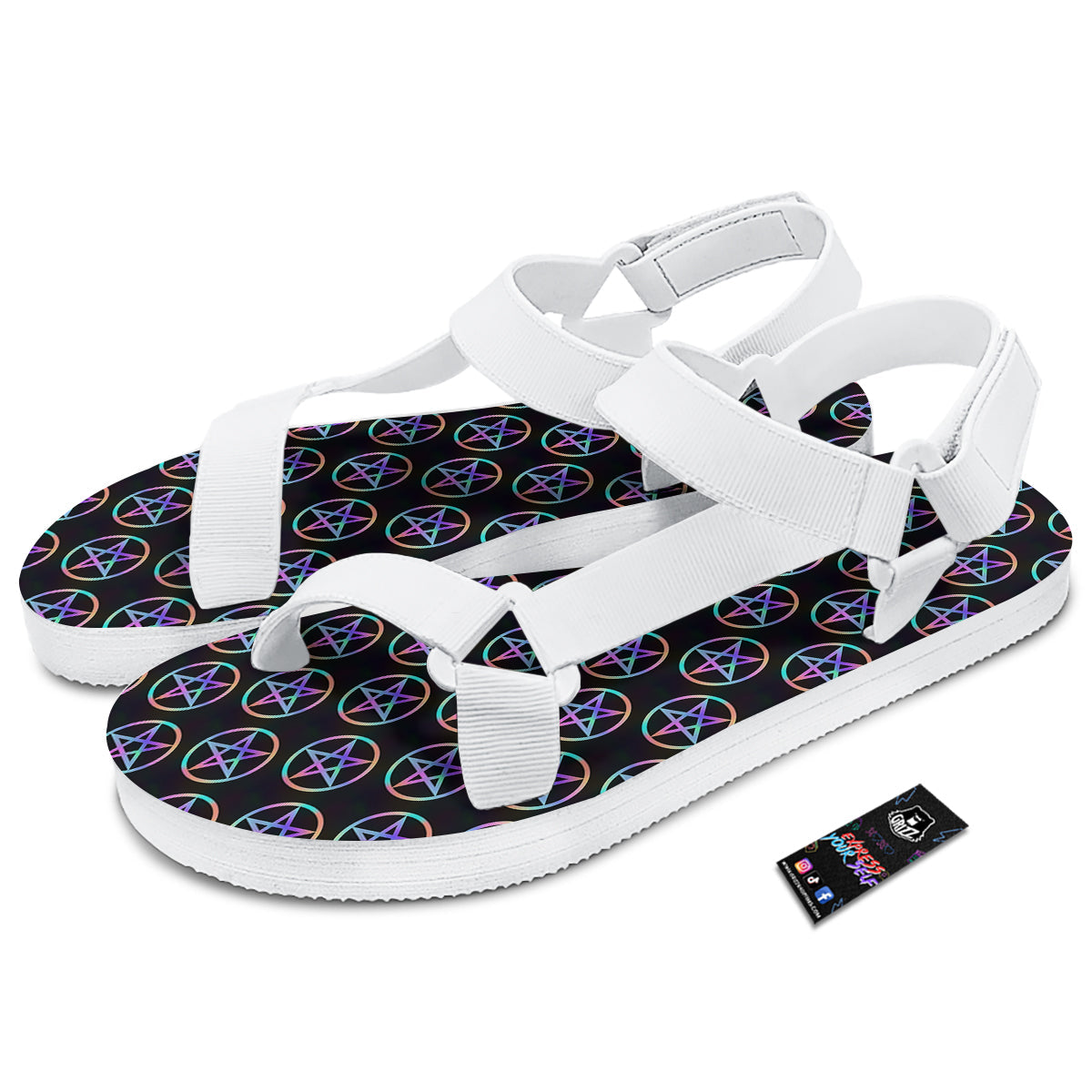 Pentagram Holographic Print Pattern White Open Toe Sandals-grizzshop