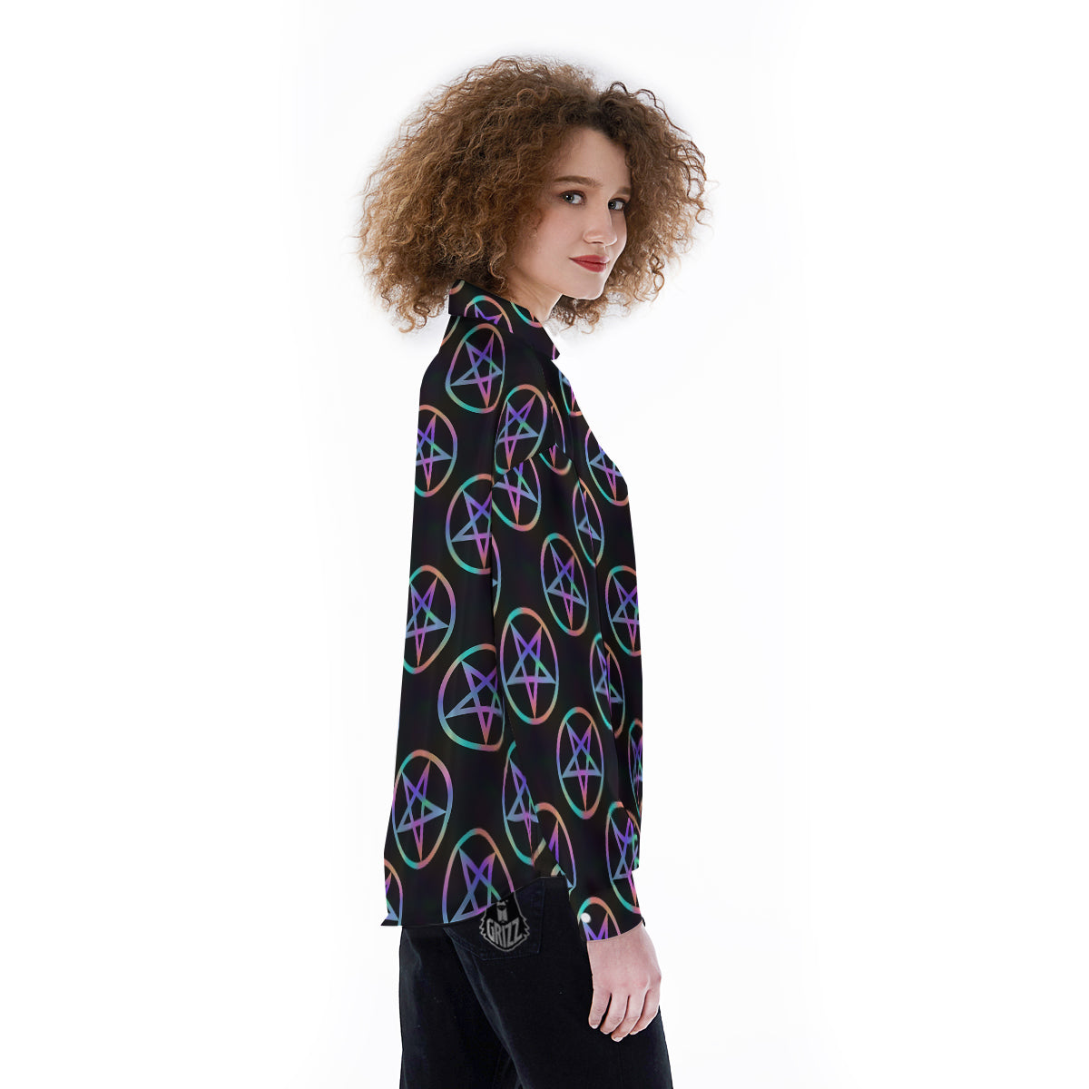 Pentagram Holographic Print Pattern Women's Long Sleeve Shirts-grizzshop