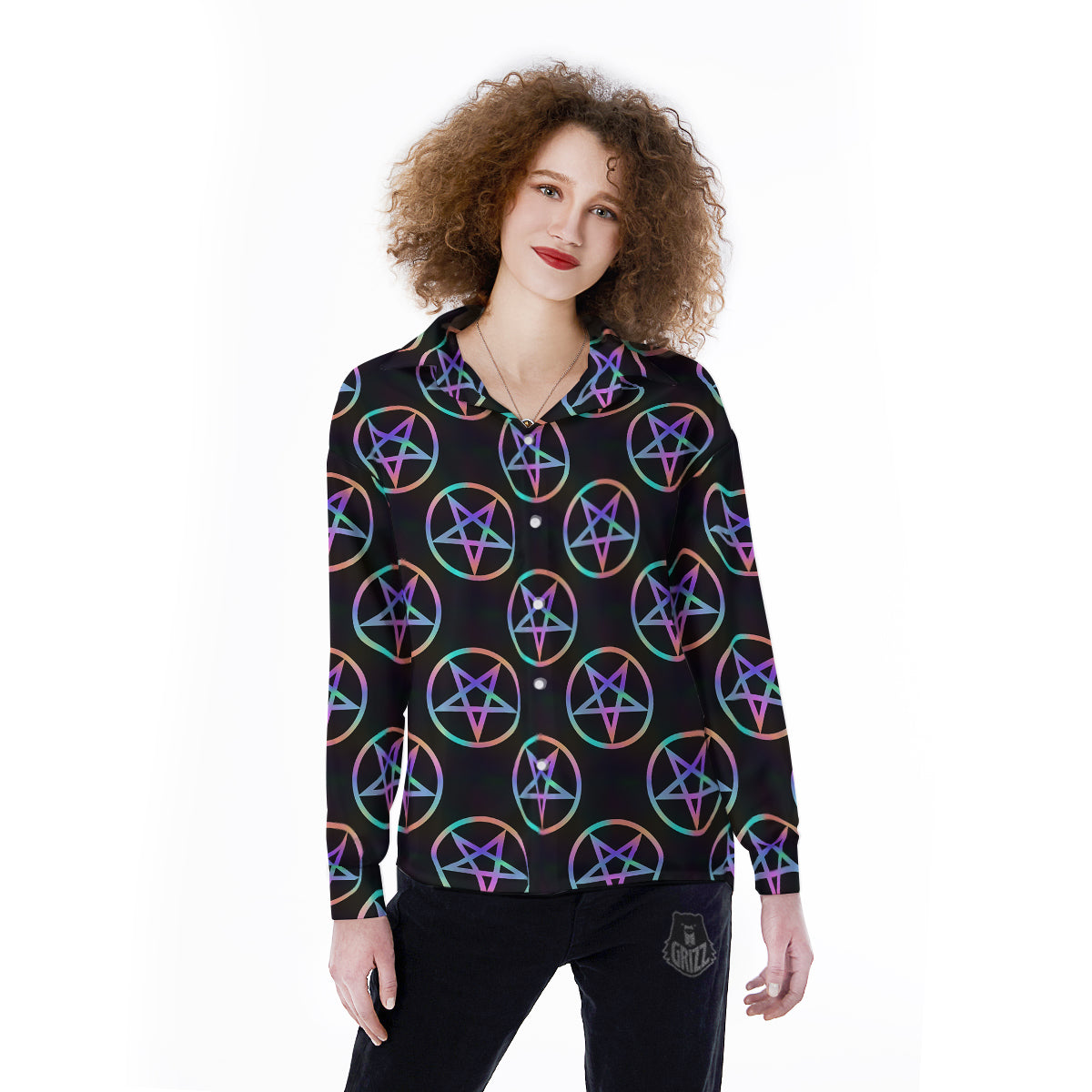 Pentagram Holographic Print Pattern Women's Long Sleeve Shirts-grizzshop