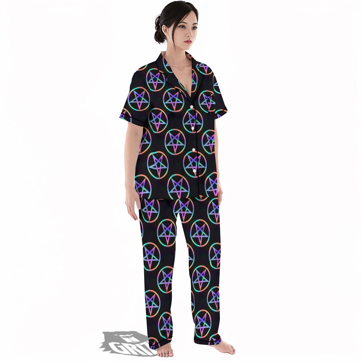 Pentagram Holographic Print Pattern Women's Pajamas Set-grizzshop