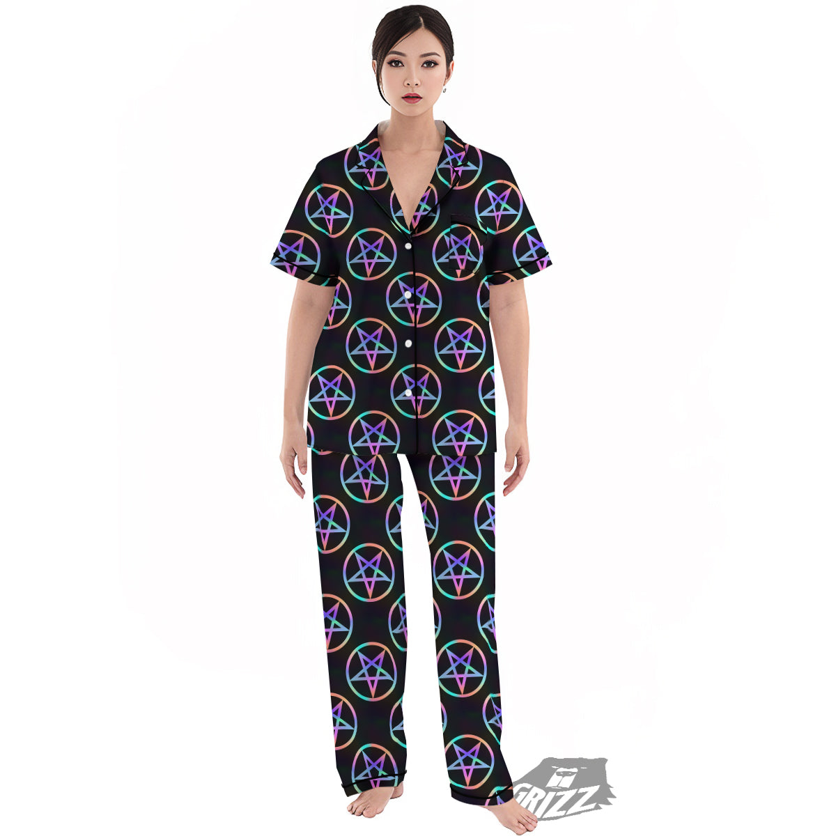 Pentagram Holographic Print Pattern Women's Pajamas Set-grizzshop
