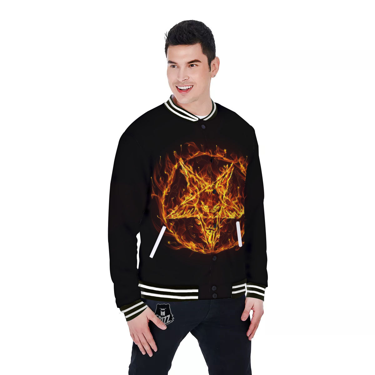Pentagram Satanic Flame Print Baseball Jacket-grizzshop