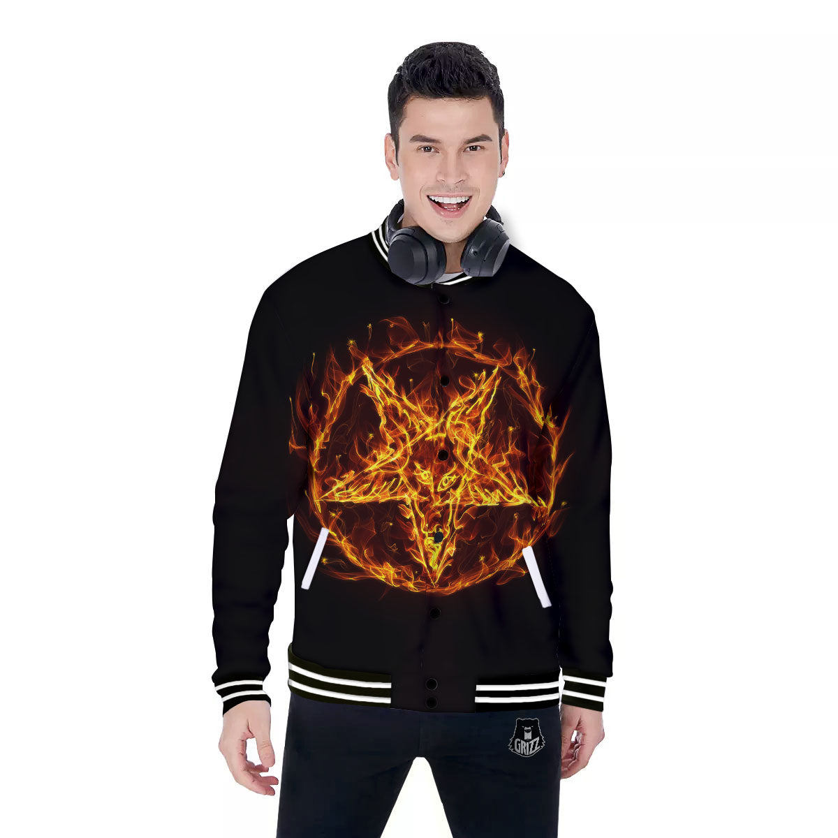Pentagram Satanic Flame Print Baseball Jacket-grizzshop