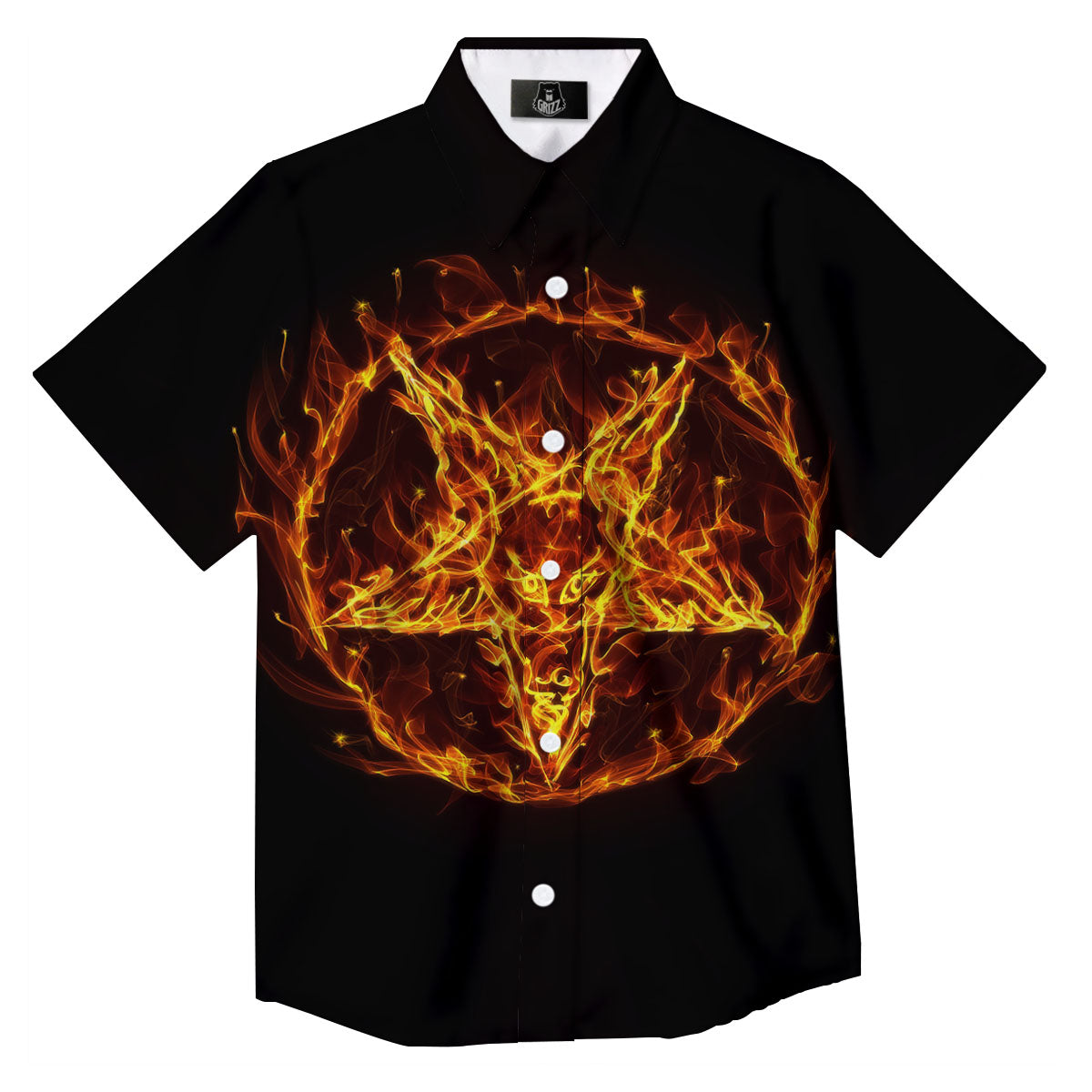 Pentagram Satanic Flame Print Button Up Shirt-grizzshop