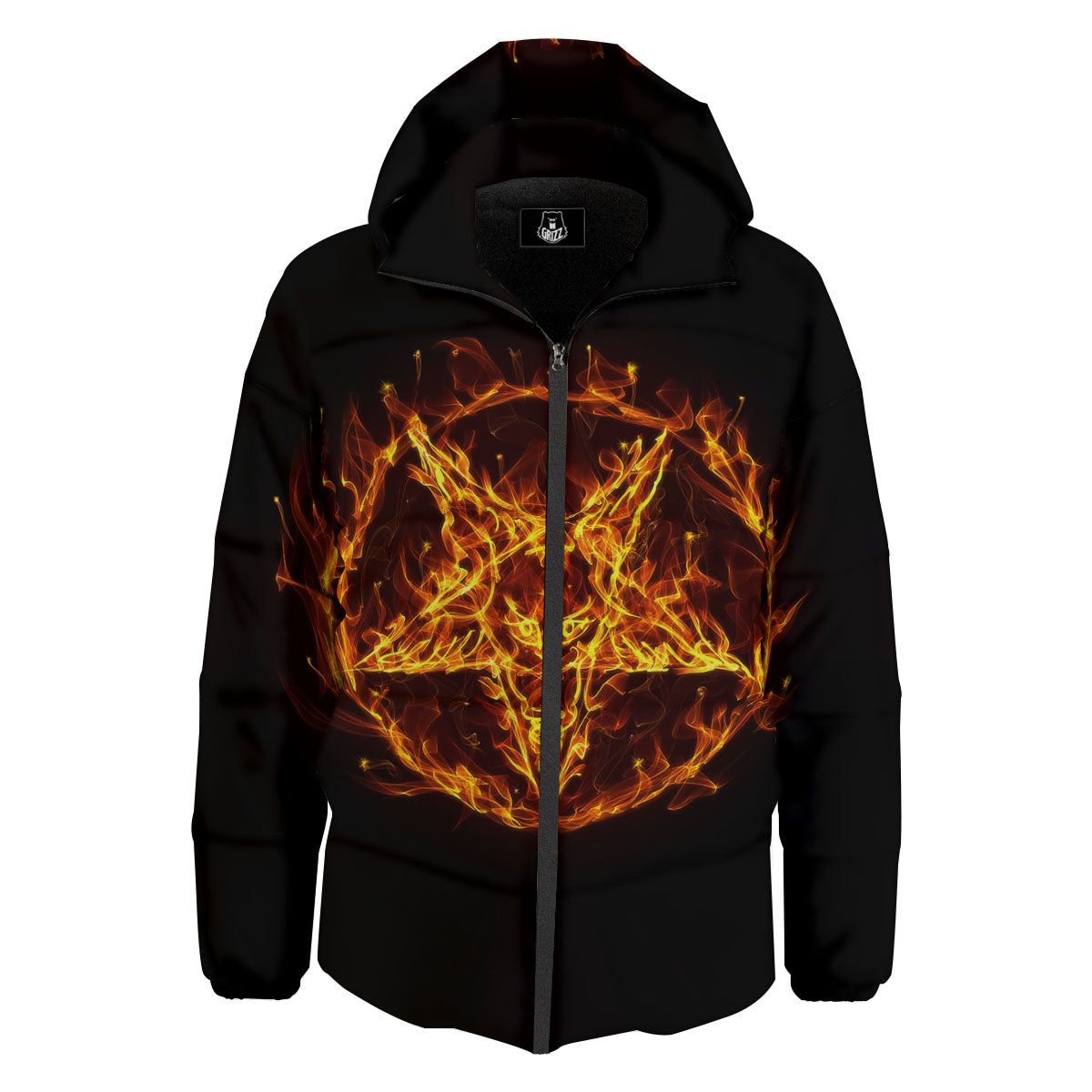 Pentagram Satanic Flame Print Down Jacket-grizzshop