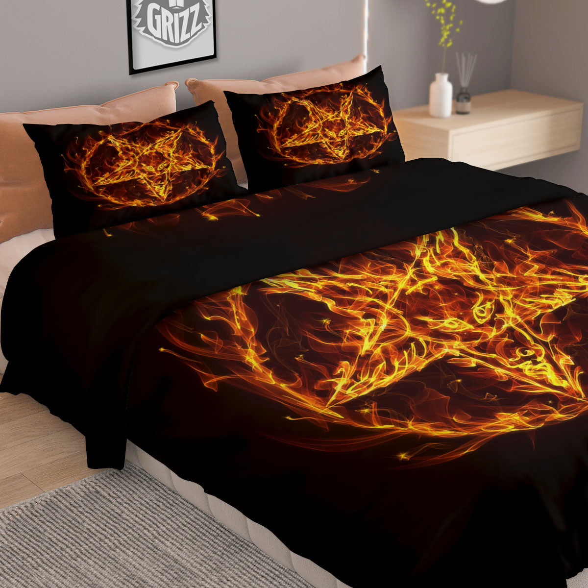 Pentagram Satanic Flame Print Duvet Cover Bedding Set