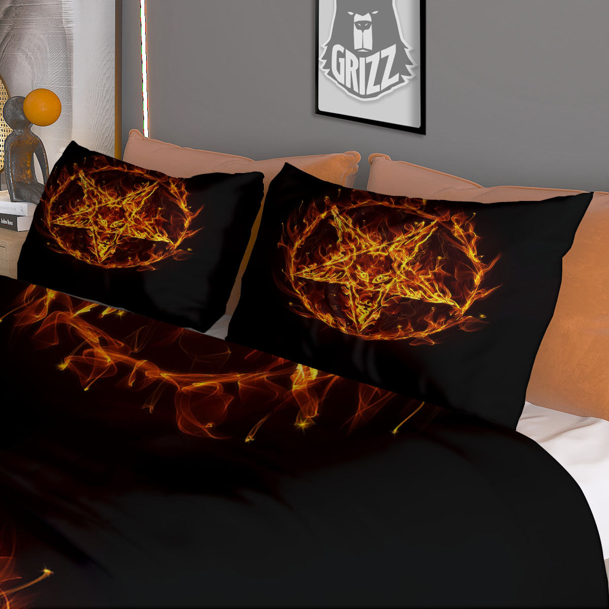 Pentagram Satanic Flame Print Duvet Cover Bedding Set