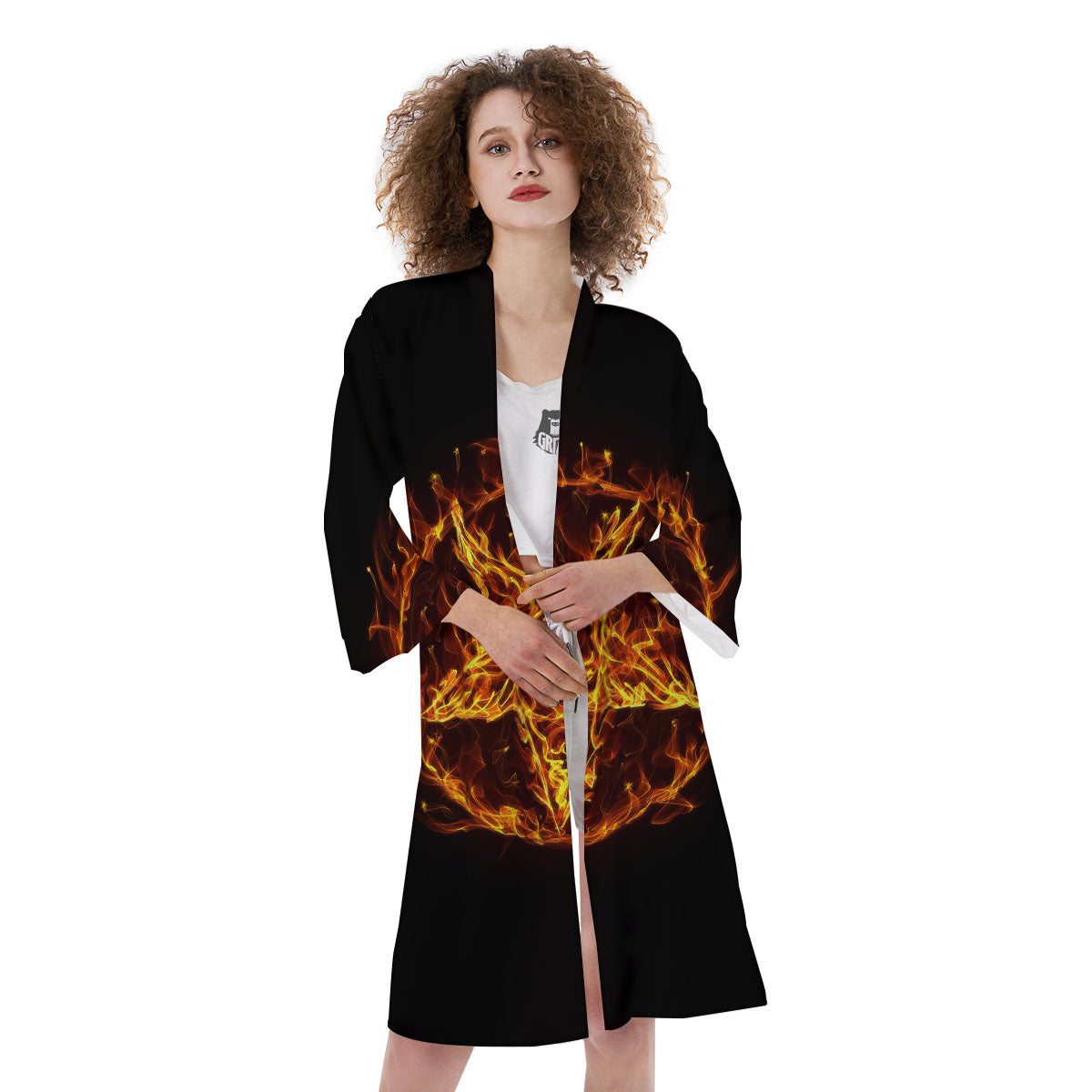 Pentagram Satanic Flame Print Kimono-grizzshop