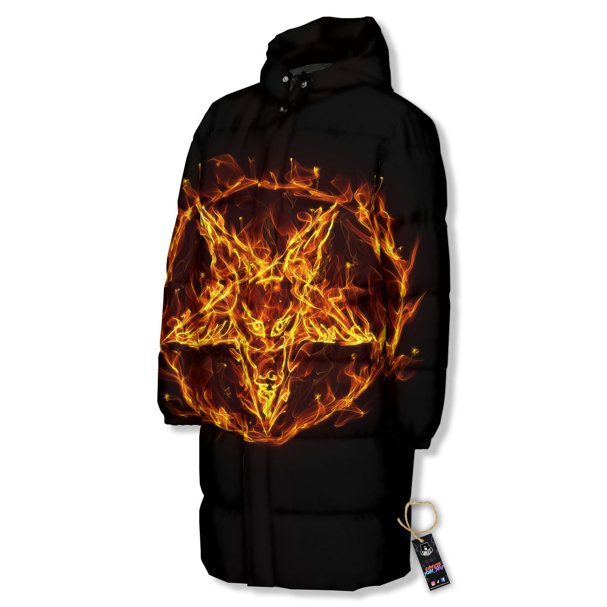 Pentagram Satanic Flame Print Long Down Jacket-grizzshop