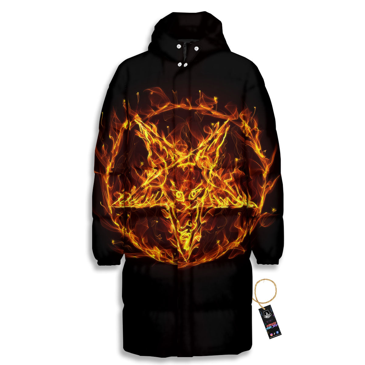 Pentagram Satanic Flame Print Long Down Jacket-grizzshop