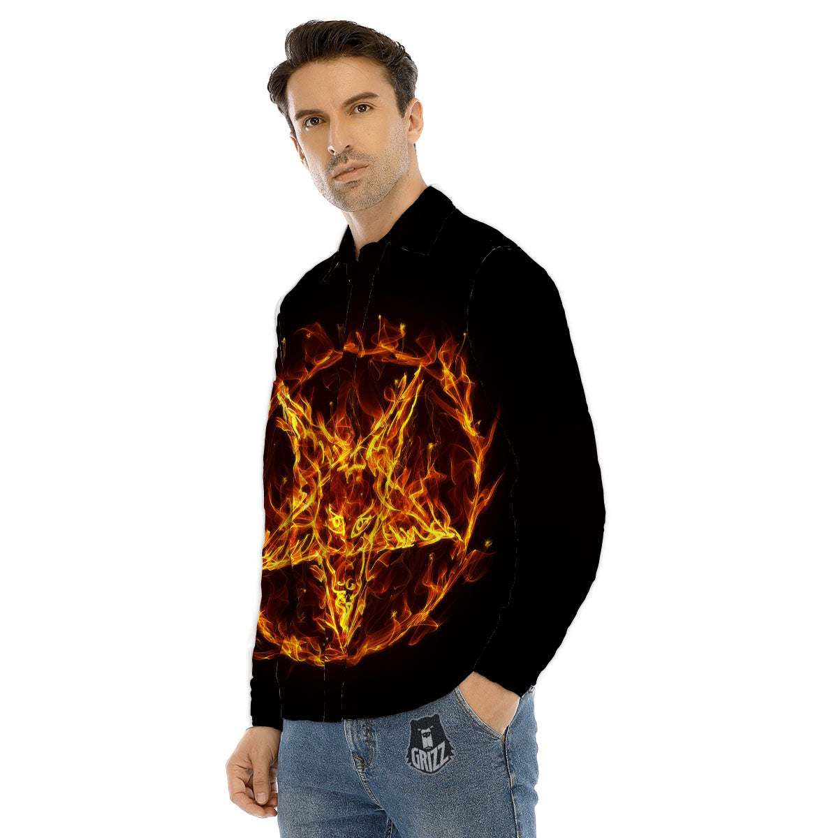Pentagram Satanic Flame Print Men's Dress Shirts-grizzshop