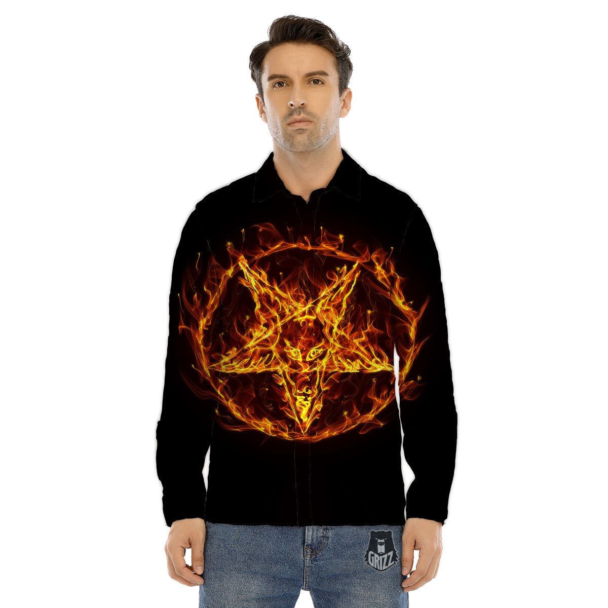 Pentagram Satanic Flame Print Men's Dress Shirts-grizzshop
