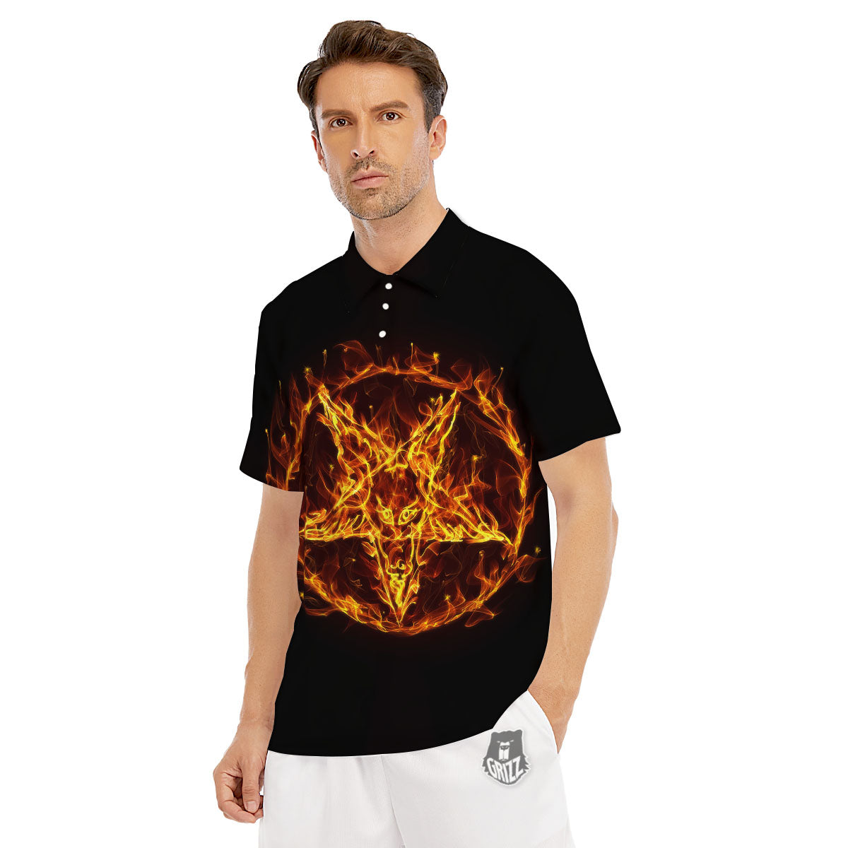 Pentagram Satanic Flame Print Men's Golf Shirts-grizzshop
