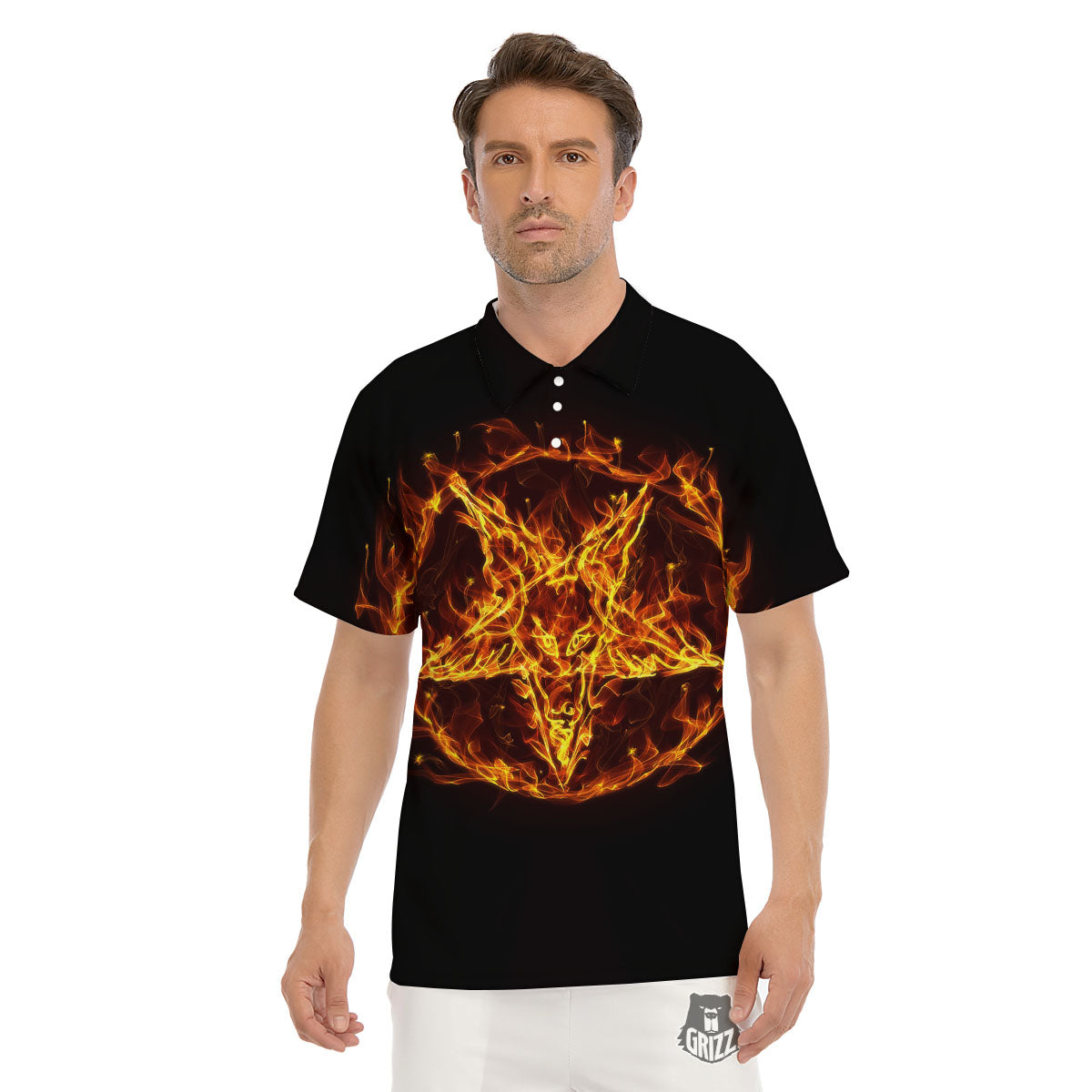 Pentagram Satanic Flame Print Men's Golf Shirts-grizzshop