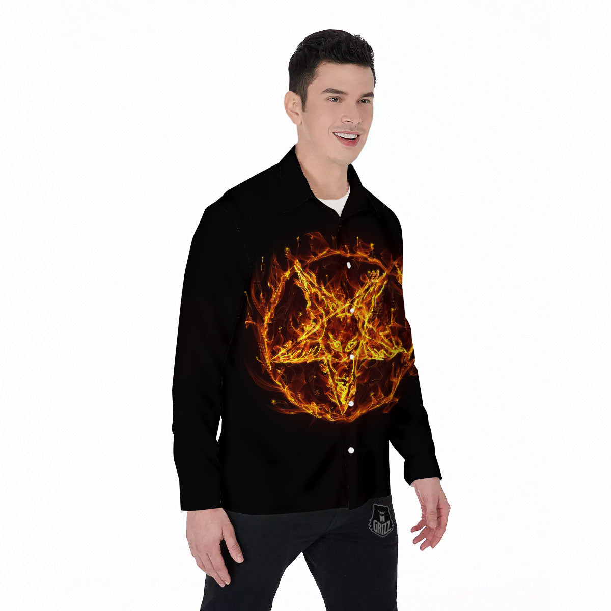 Pentagram Satanic Flame Print Men's Long Sleeve Shirts-grizzshop