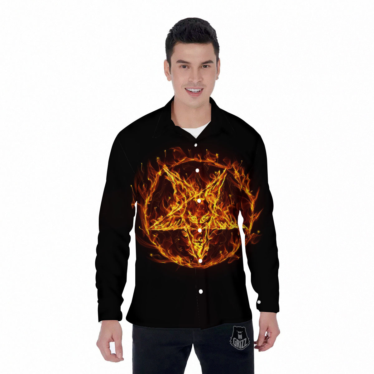 Pentagram Satanic Flame Print Men's Long Sleeve Shirts-grizzshop