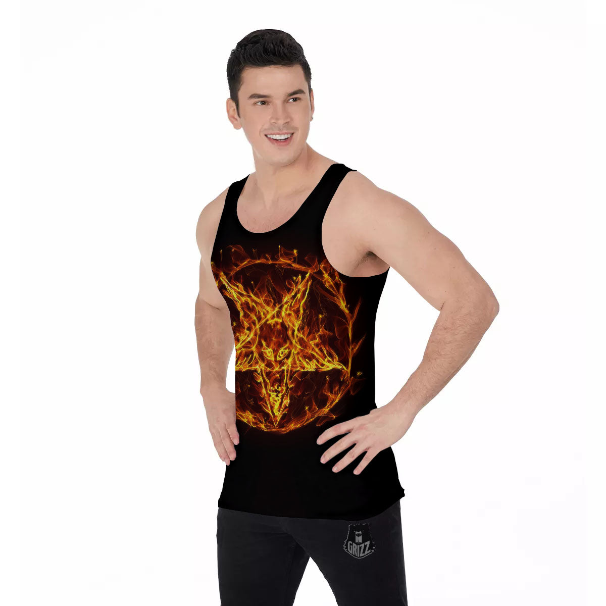 Pentagram Satanic Flame Print Men's Tank Top-grizzshop