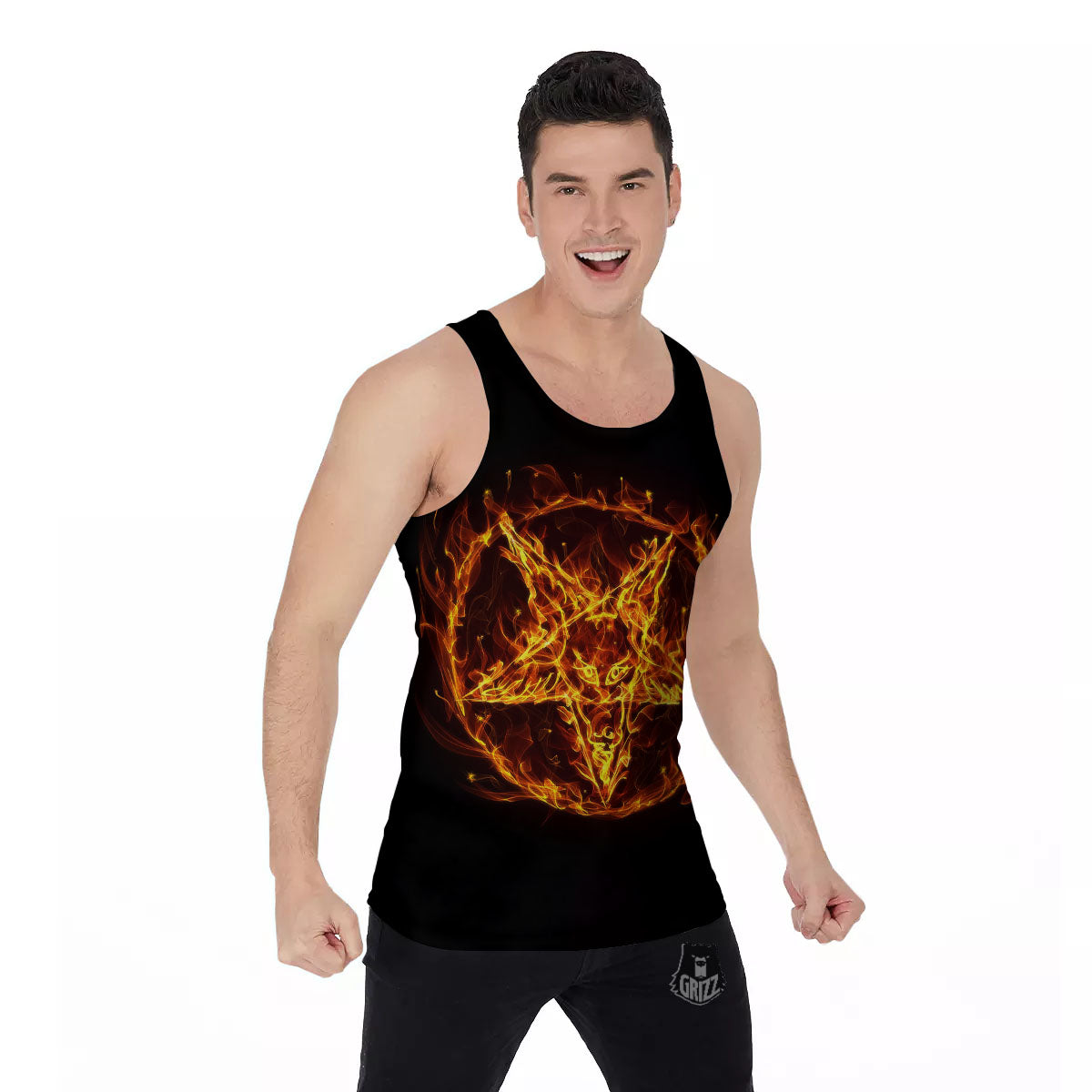 Pentagram Satanic Flame Print Men's Tank Top-grizzshop