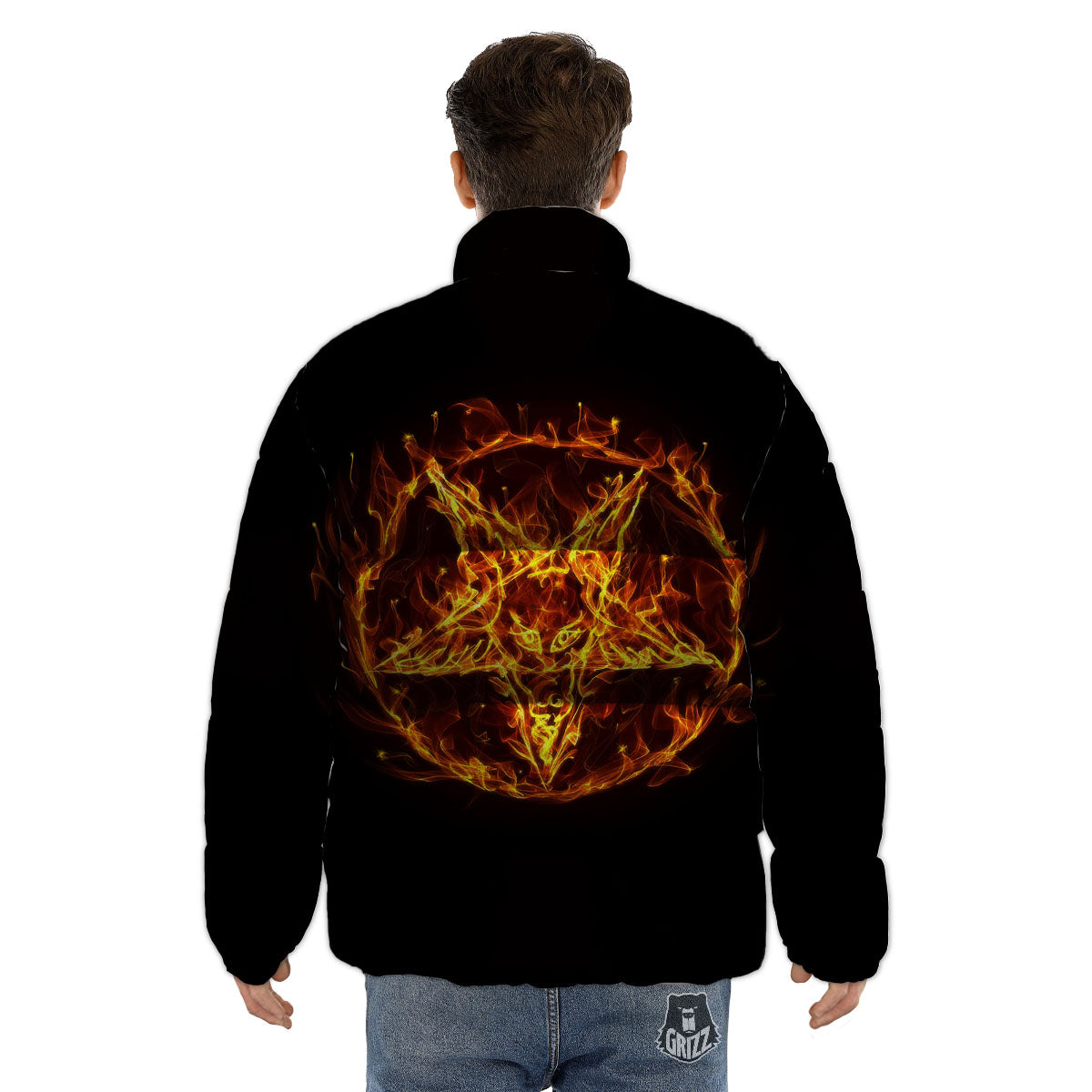 Pentagram Satanic Flame Print Puffer Jacket-grizzshop