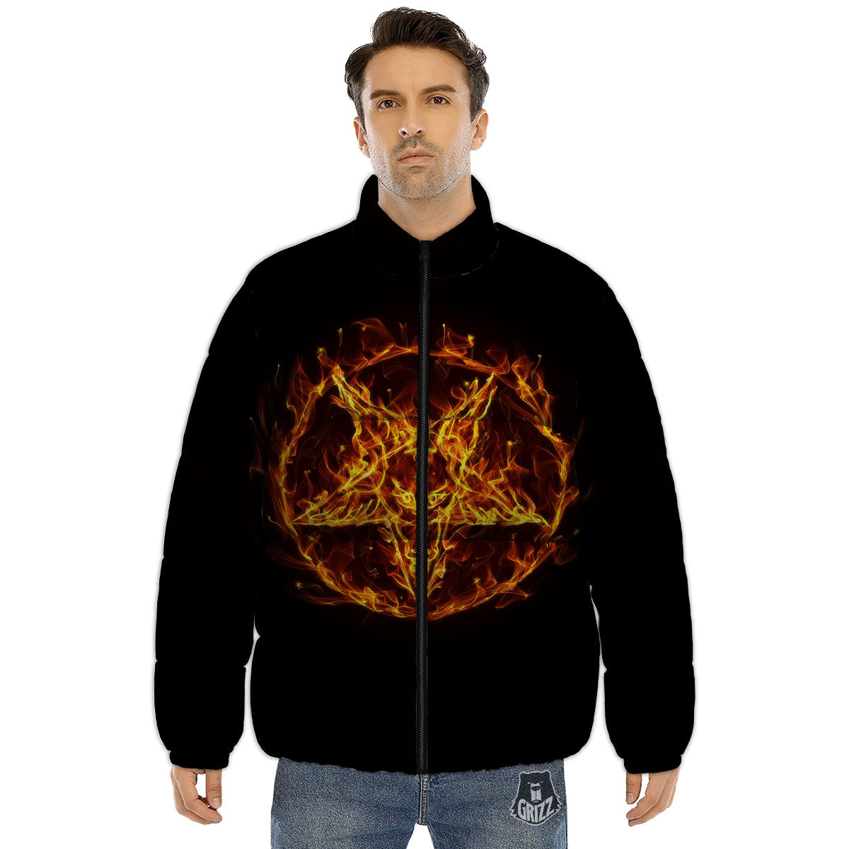 Pentagram Satanic Flame Print Puffer Jacket-grizzshop