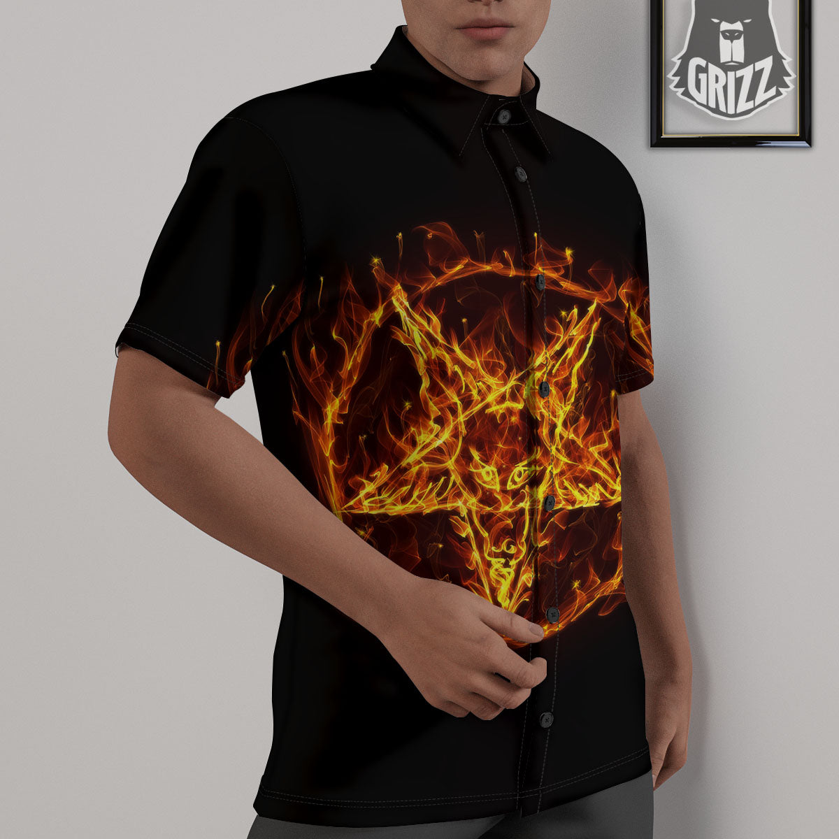 Pentagram Satanic Flame Print Untucked Shirts-grizzshop