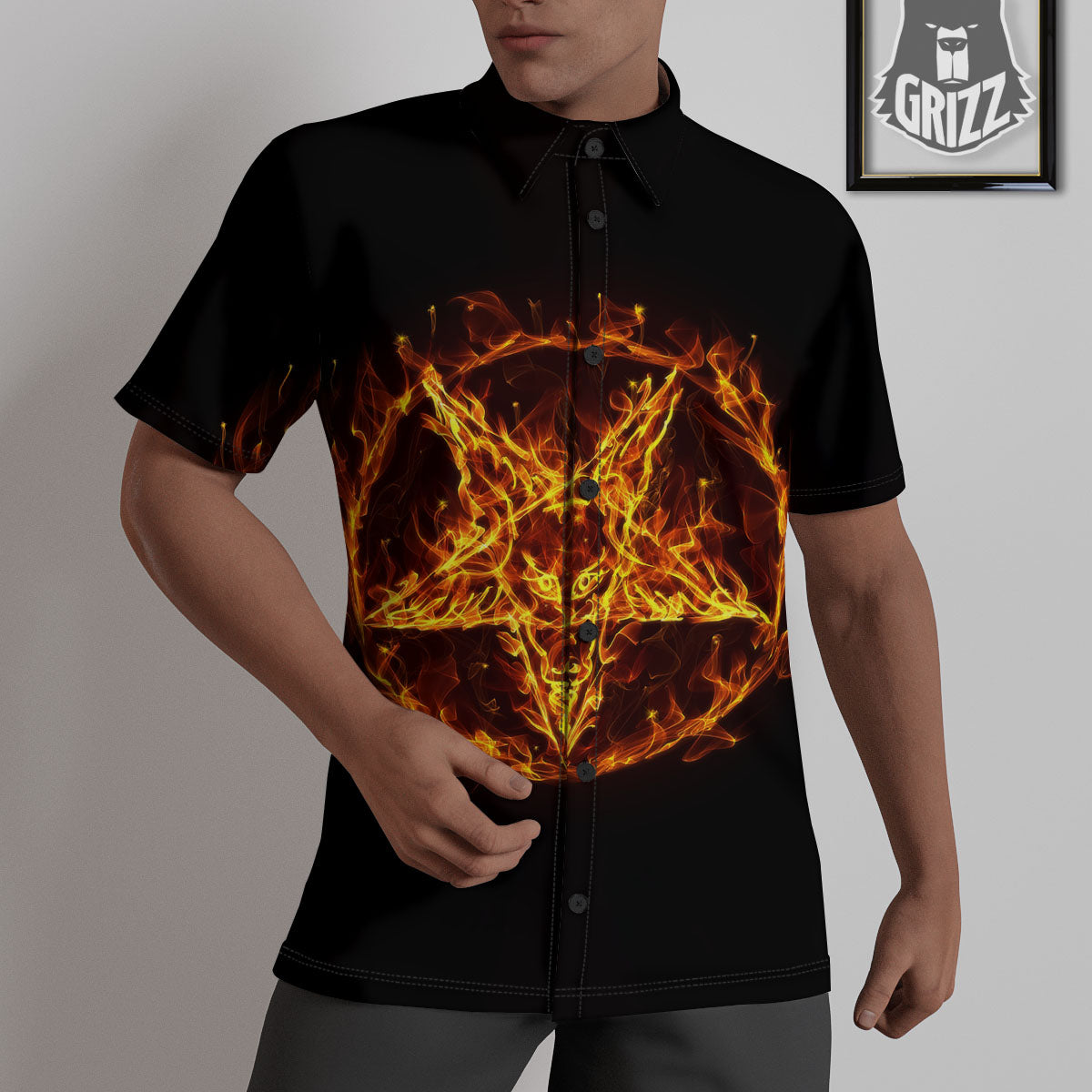 Pentagram Satanic Flame Print Untucked Shirts-grizzshop