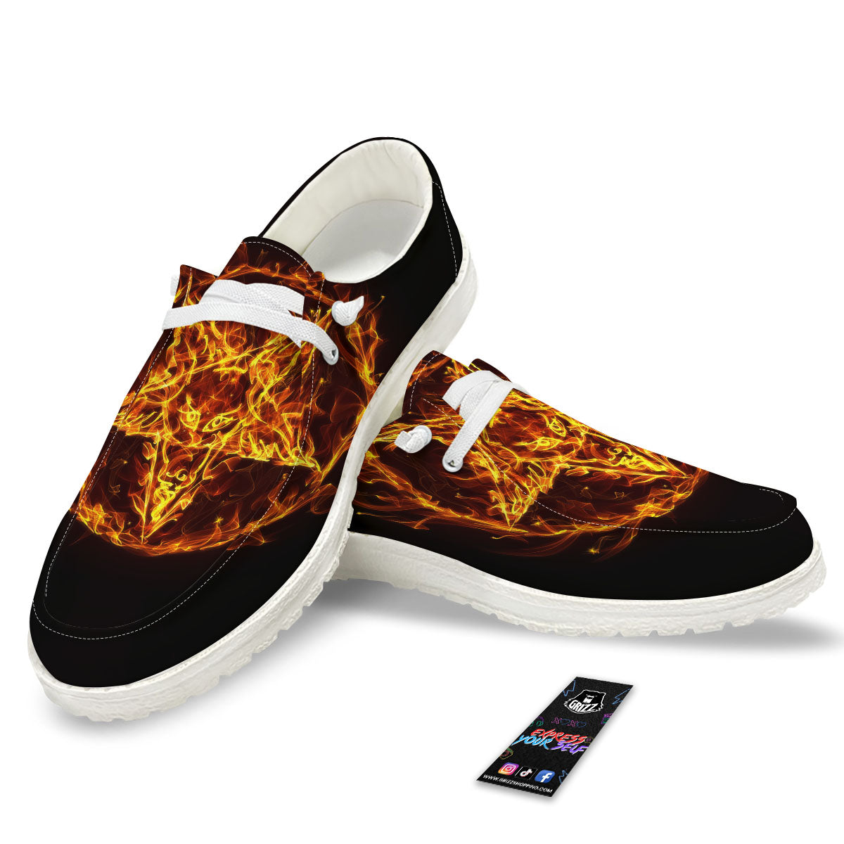 Pentagram Satanic Flame Print White Loafers-grizzshop