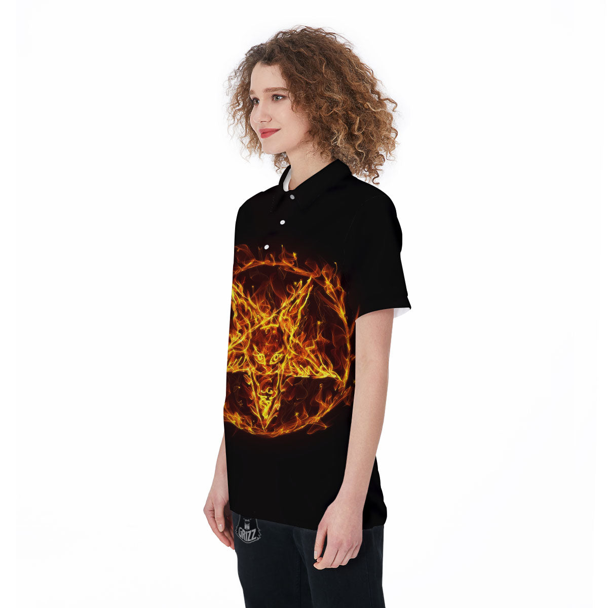 Pentagram Satanic Flame Print Women's Golf Shirts-grizzshop