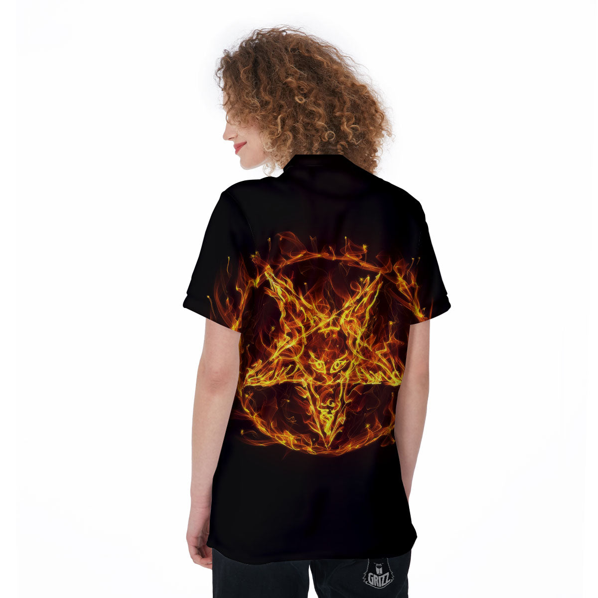 Pentagram Satanic Flame Print Women's Golf Shirts-grizzshop