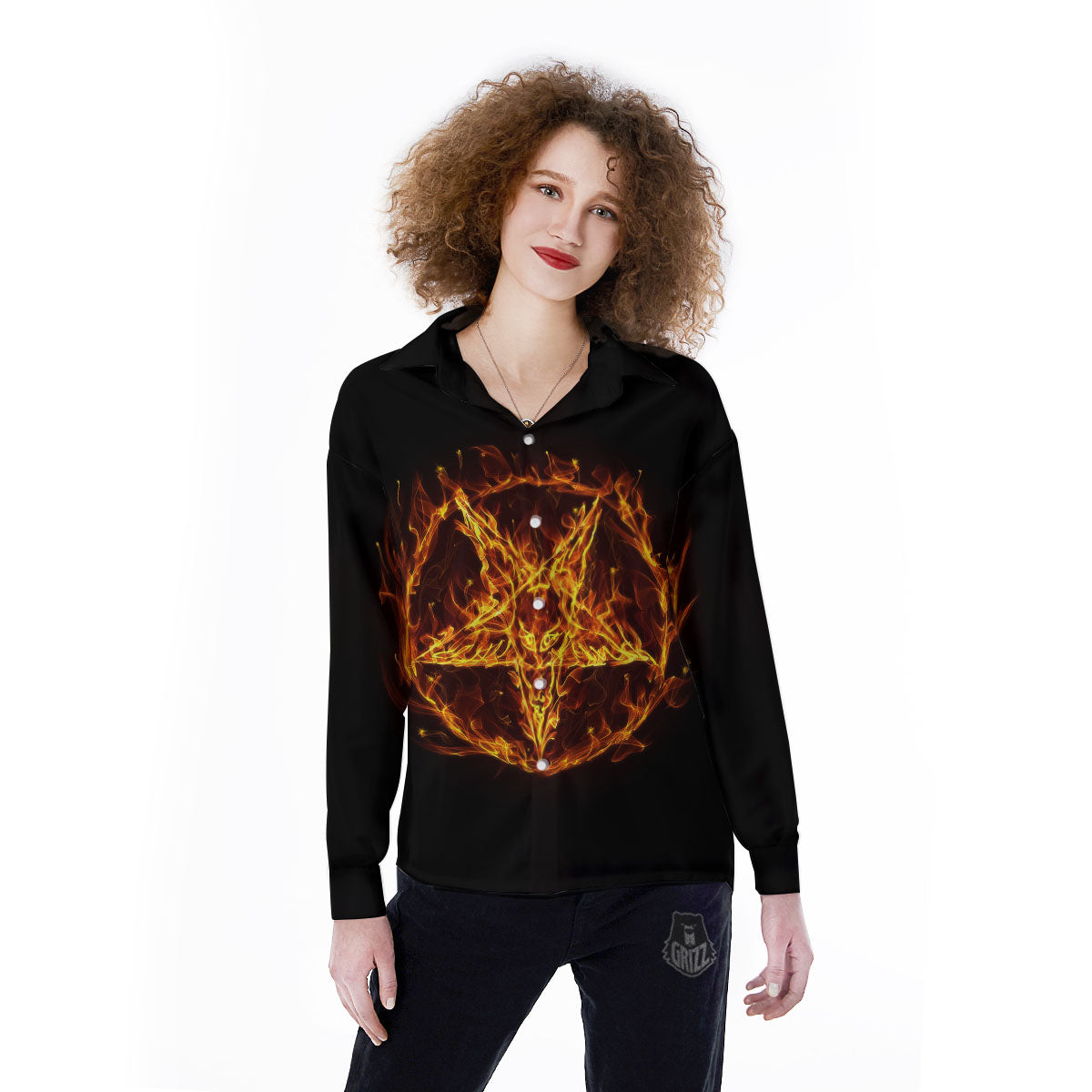 Pentagram Satanic Flame Print Women's Long Sleeve Shirts-grizzshop