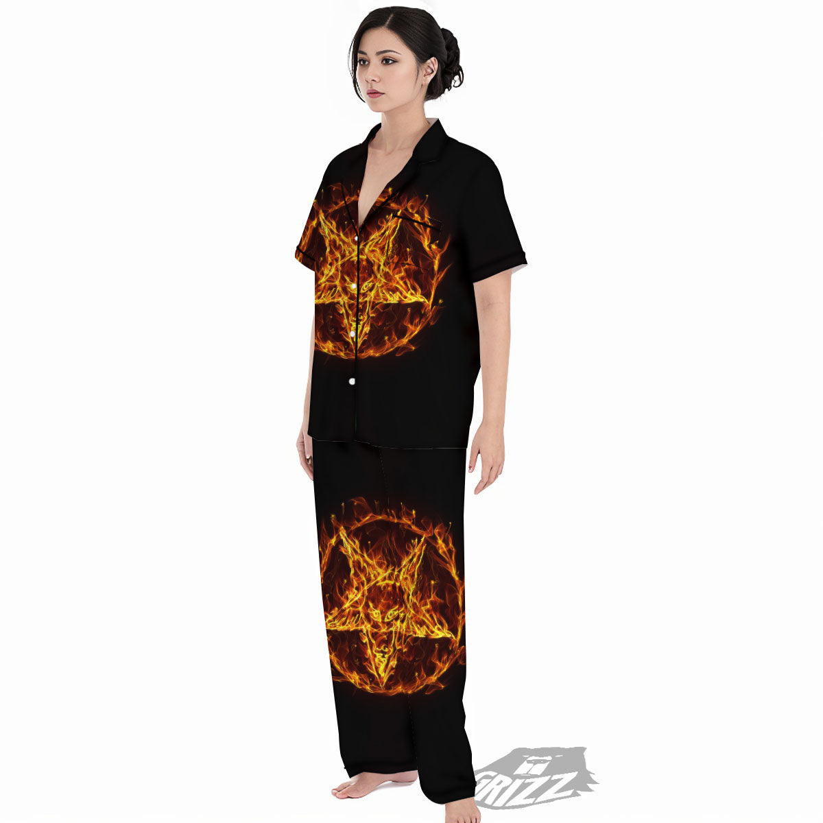 Pentagram Satanic Flame Print Women's Pajamas Set-grizzshop