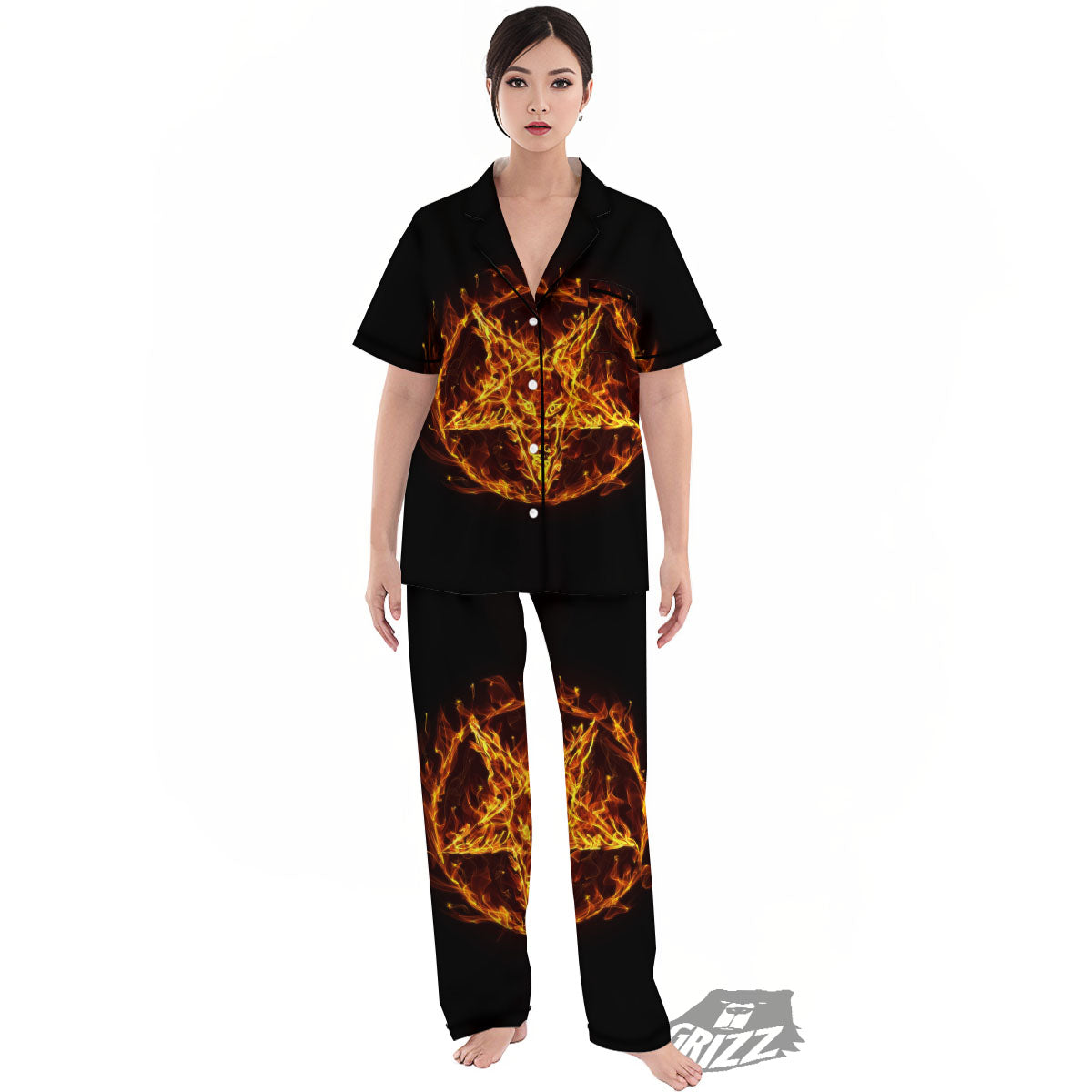 Pentagram Satanic Flame Print Women's Pajamas Set-grizzshop