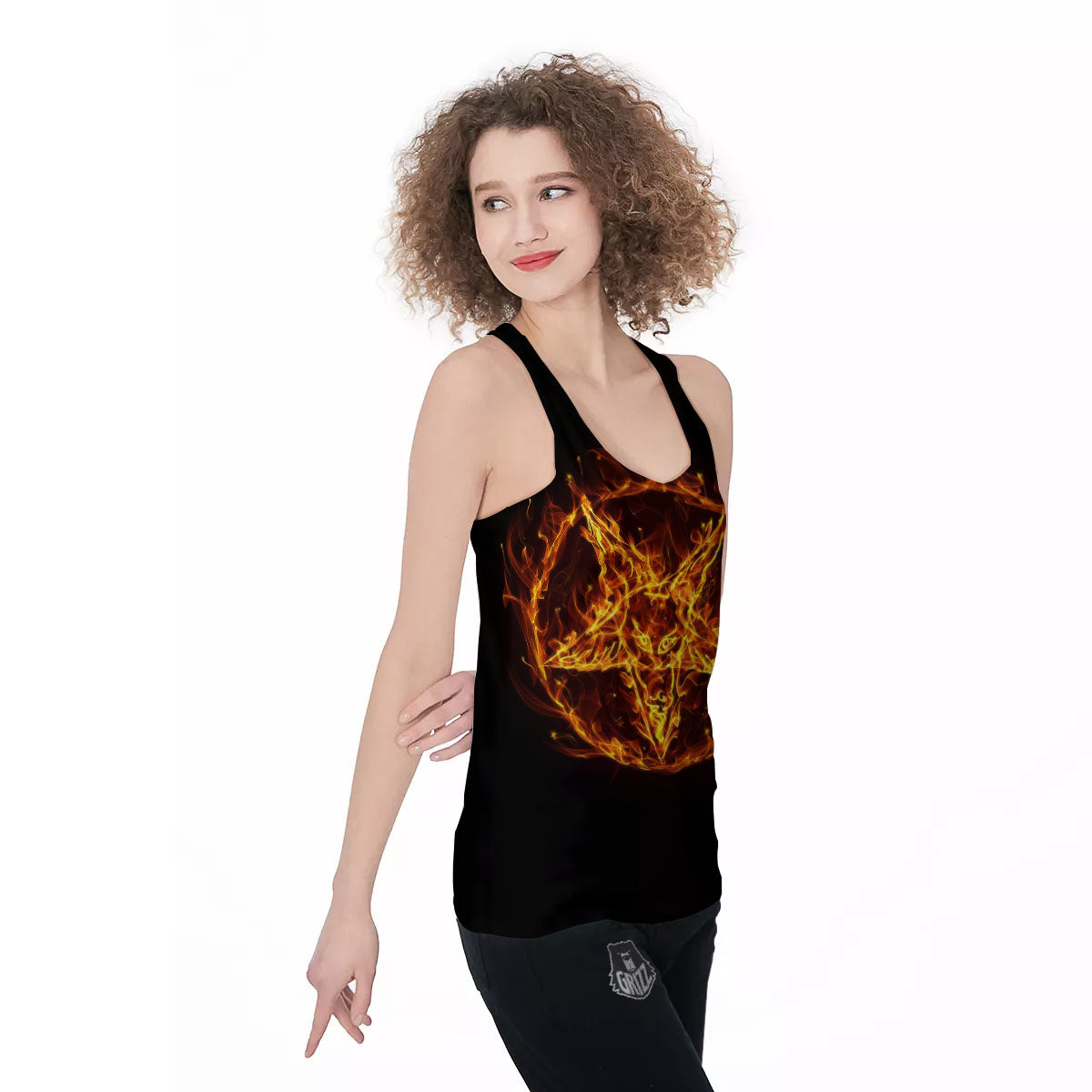 Pentagram Satanic Flame Print Women's Racerback Tank Top-grizzshop